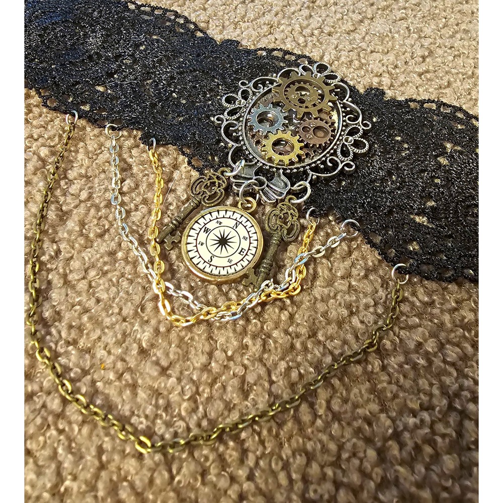 Halloween Steampunk Black Lace Choker Necklace w/Gears Compass Key Charms Chains